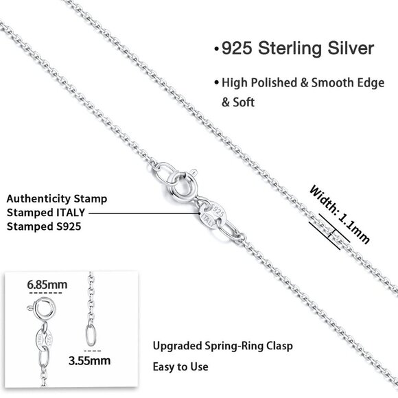 925 Sterling Silver Chain Necklace Chain for Women 1.1mm Cable Chain Necklace Up - Picture 5 of 6